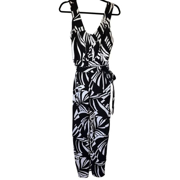 Tahari Linen Blend V-Neck Belted Women’s Jumpsuit Pants Romper Black/White Sz 10 - Picture 1 of 10